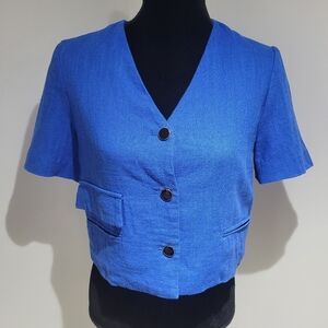 MOTF Women's Short Sleeve Linen Blend Blazer Jacket Size XS Royal Blue Chic
